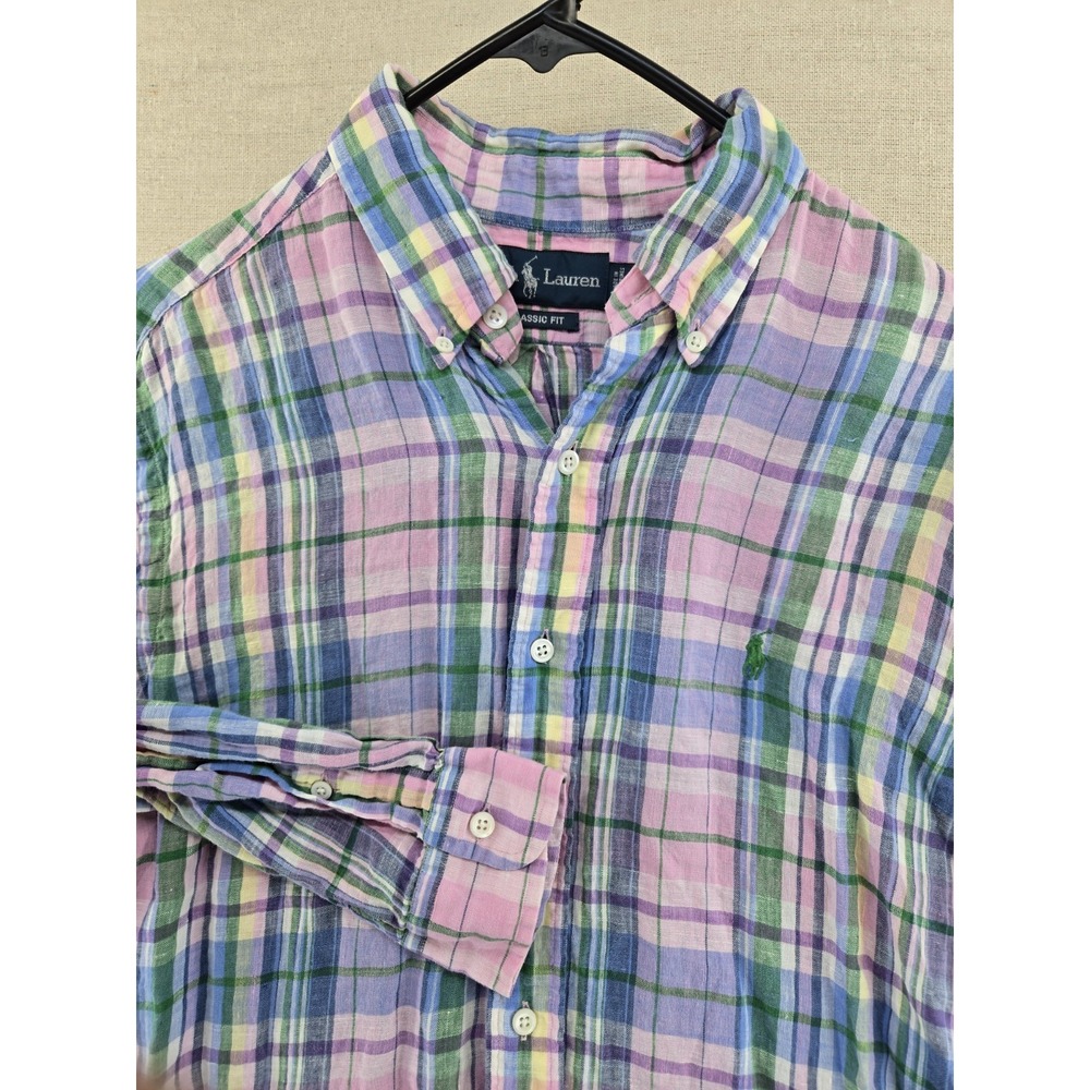 Polo Ralph Lauren Linen Shirt Men's Medium Pink Plaid Long Sleeve Classic Fit